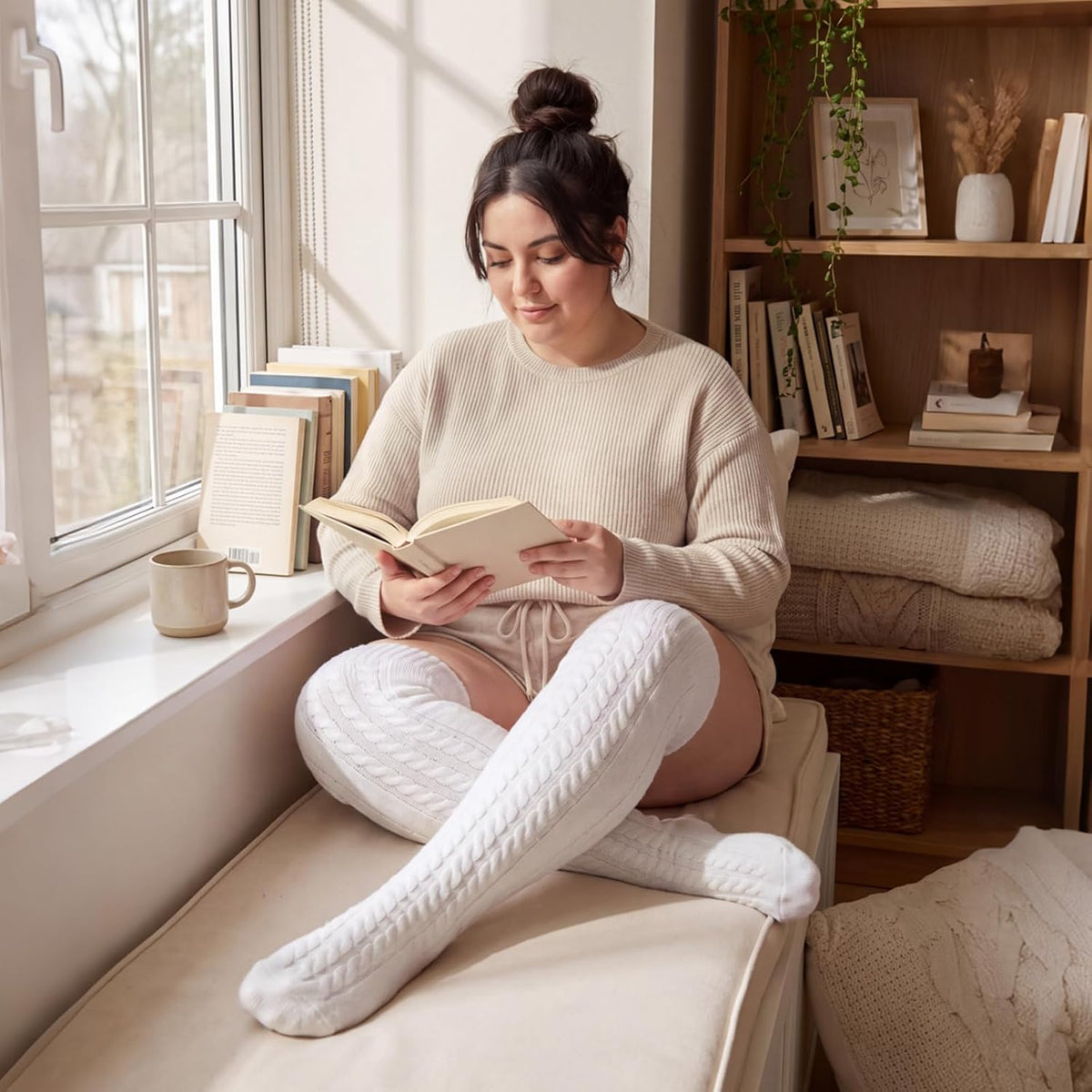 Moon Wood Women Plus Size Fleece Lined Thigh High Socks Cable Knit Thick Leg Warmers - White