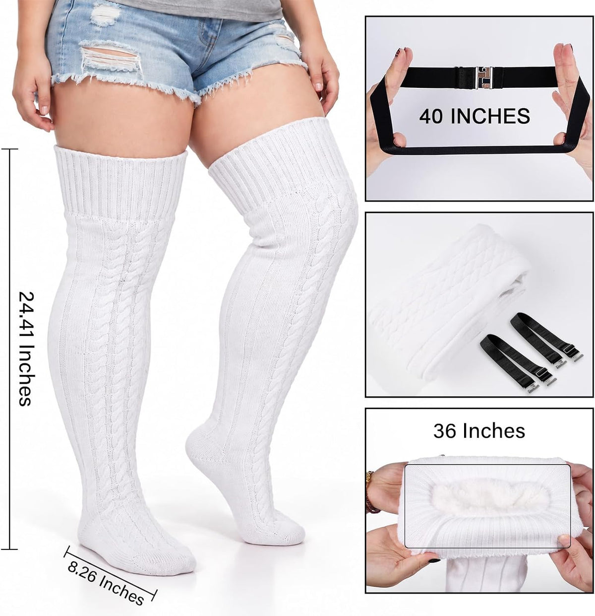 Moon Wood Women Plus Size Fleece Lined Thigh High Socks Cable Knit Thick Leg Warmers - White