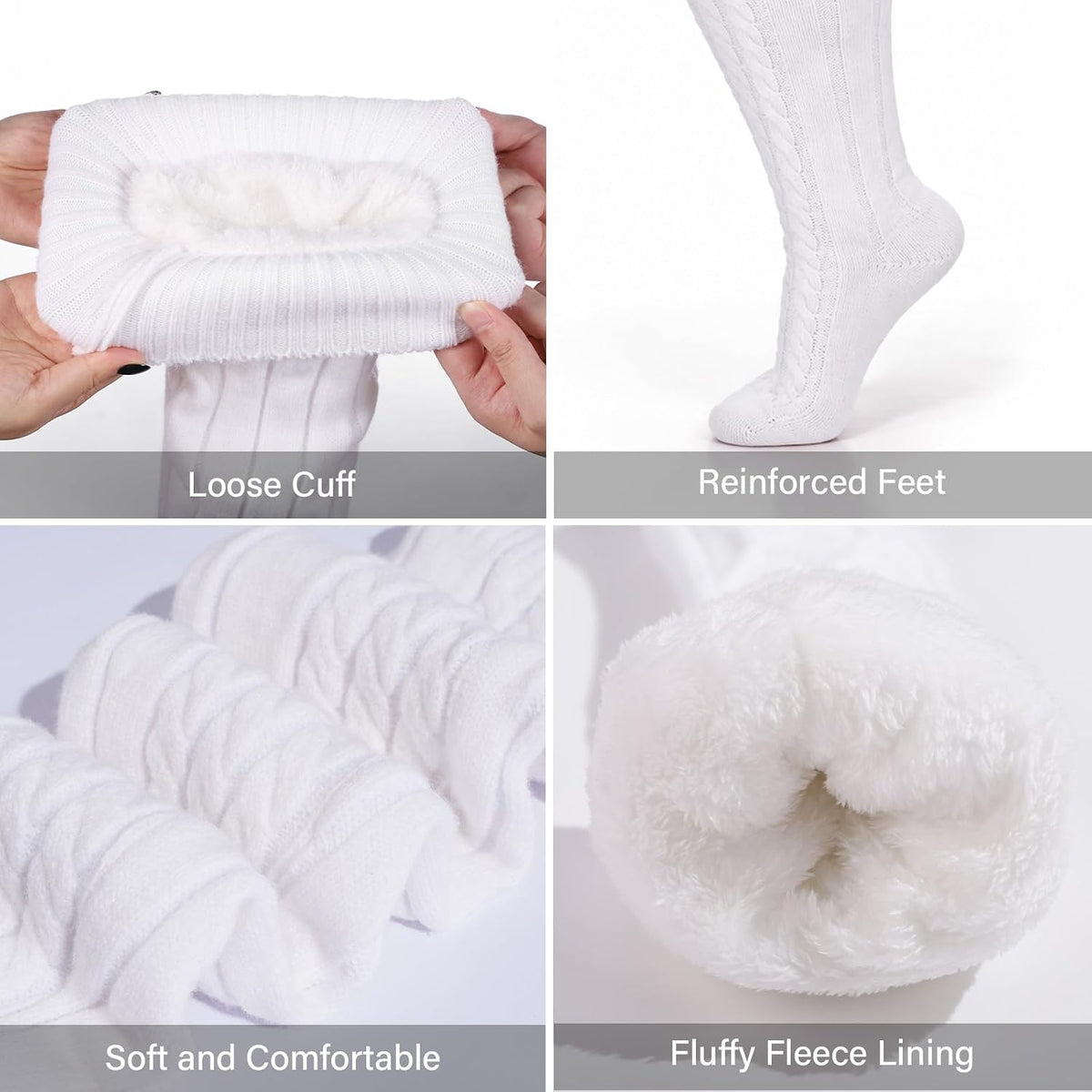 Moon Wood Women Plus Size Fleece Lined Thigh High Socks Cable Knit Thick Leg Warmers - White