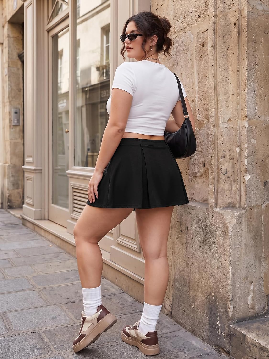Moon Wood Women Plus Size Pleated Mini Skirt with Pockets Micro Skort - Black