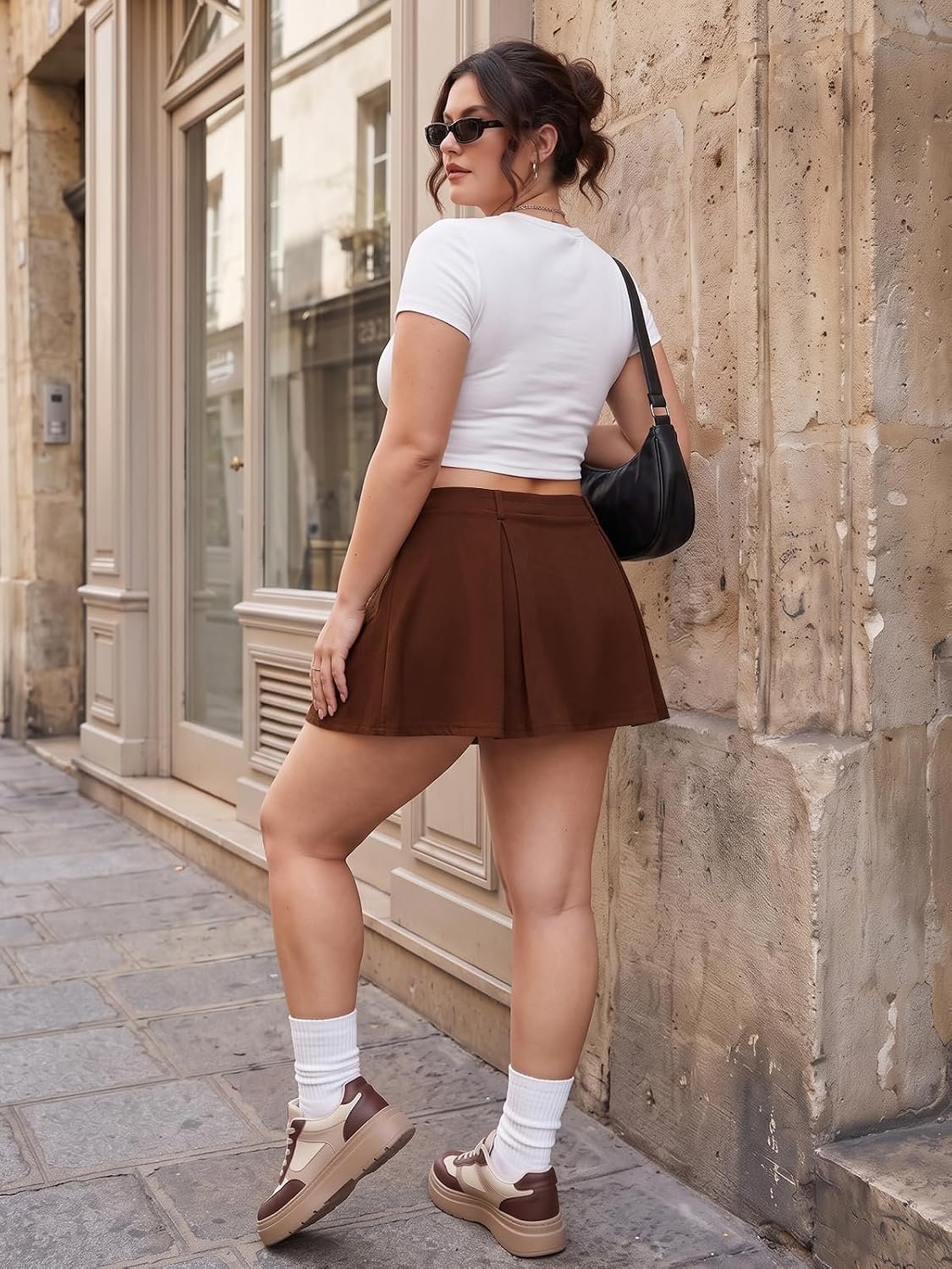 Moon Wood Women Plus Size Pleated Mini Skirt with Pockets Micro Skort - Brown