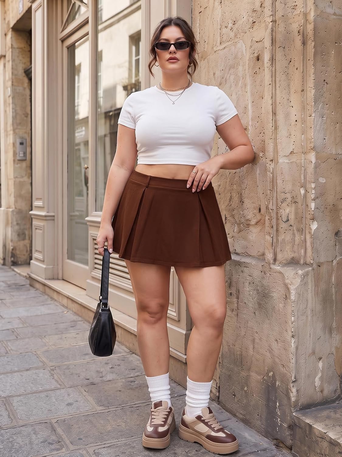 Moon Wood Women Plus Size Pleated Mini Skirt with Pockets Micro Skort - Brown