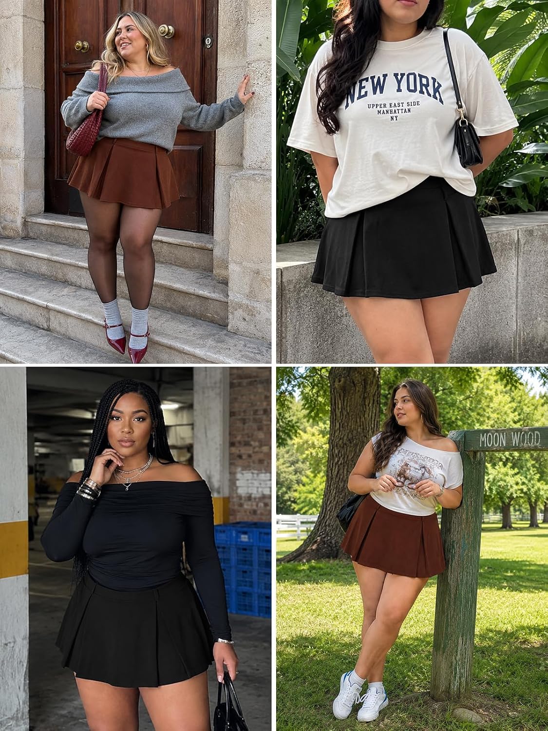 Moon Wood Women Plus Size Pleated Mini Skirt with Pockets Micro Skort - Brown