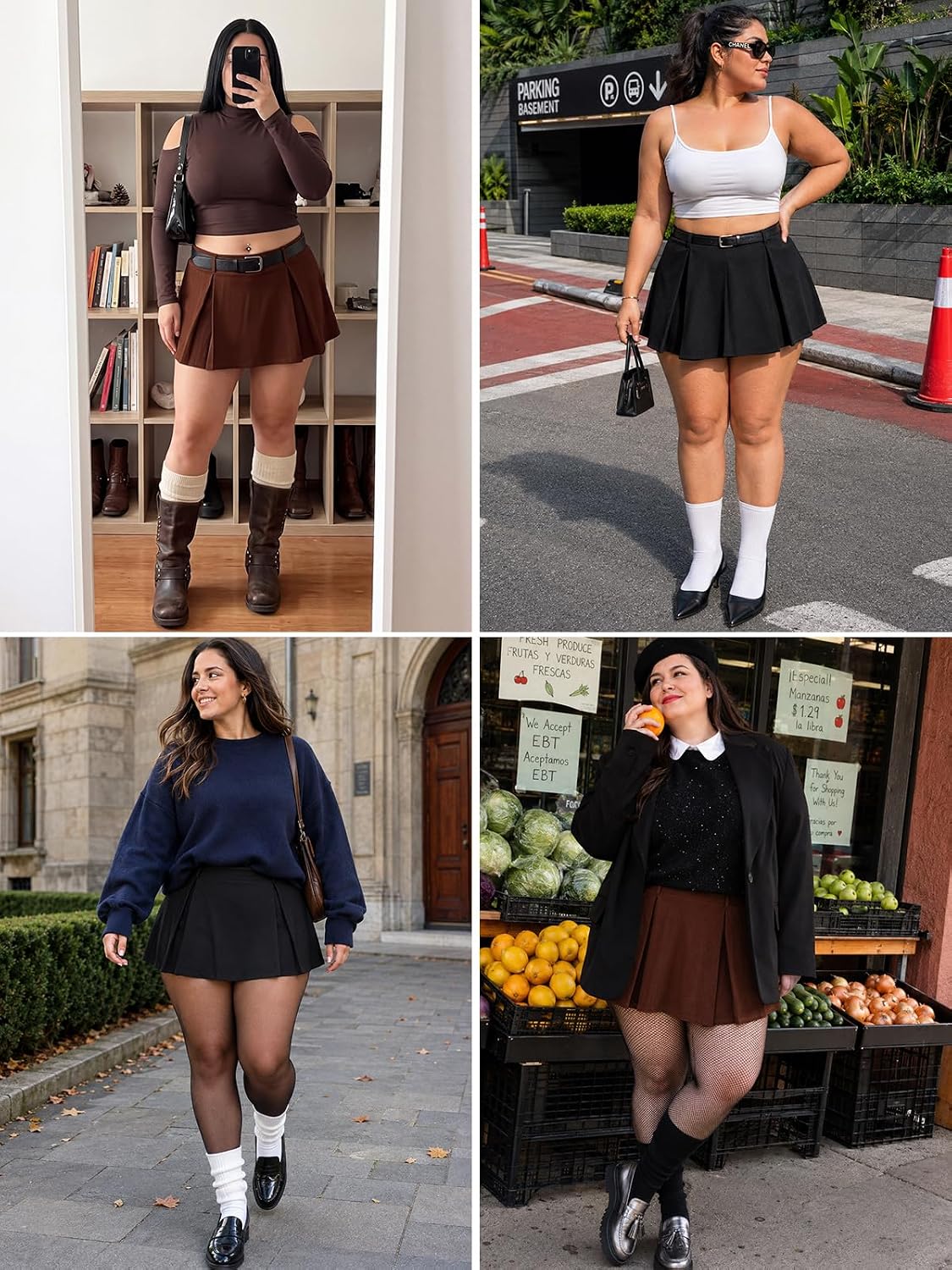 Moon Wood Women Plus Size Pleated Mini Skirt with Pockets Micro Skort - Brown