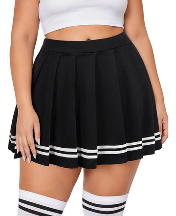 Moon Wood Women Plus Size Pleated Skirt School Cheer Mini Skirt with Shorts - Black