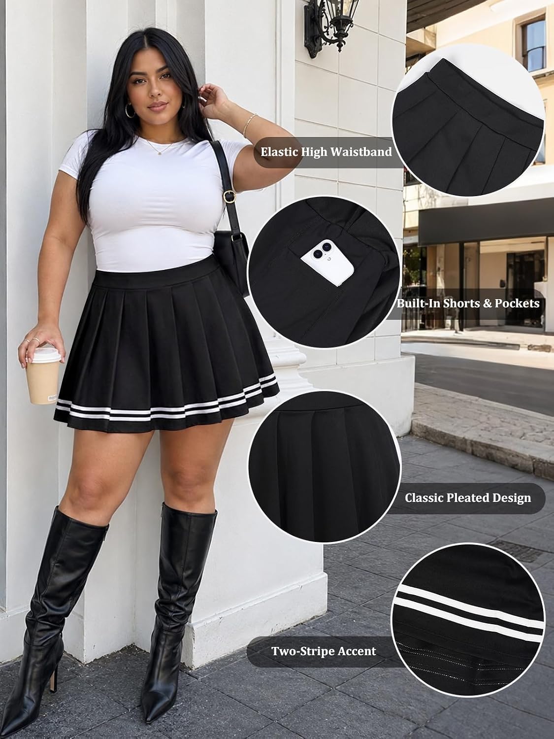 Moon Wood Women Plus Size Pleated Skirt School Cheer Mini Skirt with Shorts - Black