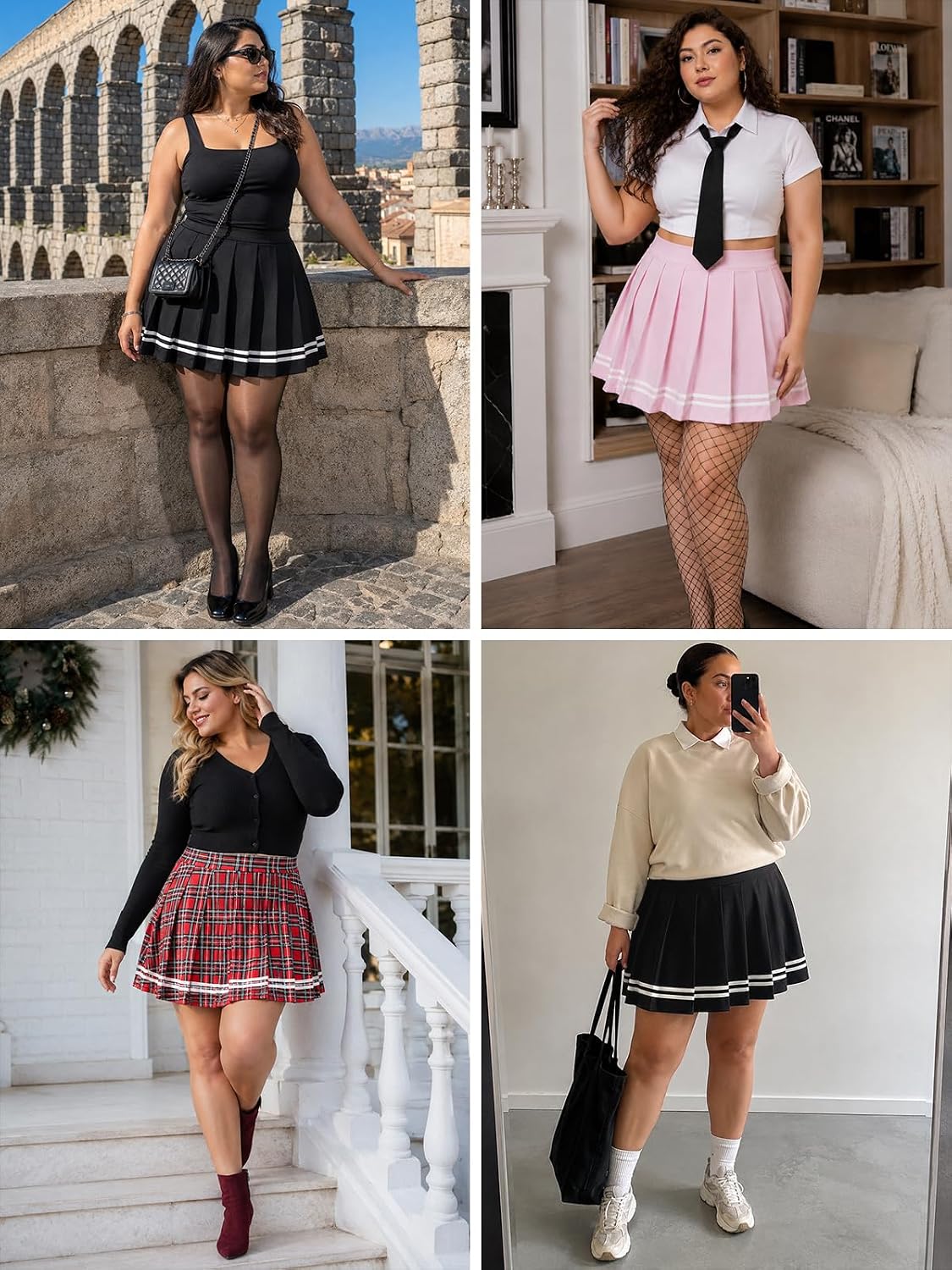 Moon Wood Women Plus Size Pleated Skirt School Cheer Mini Skirt with Shorts - Black