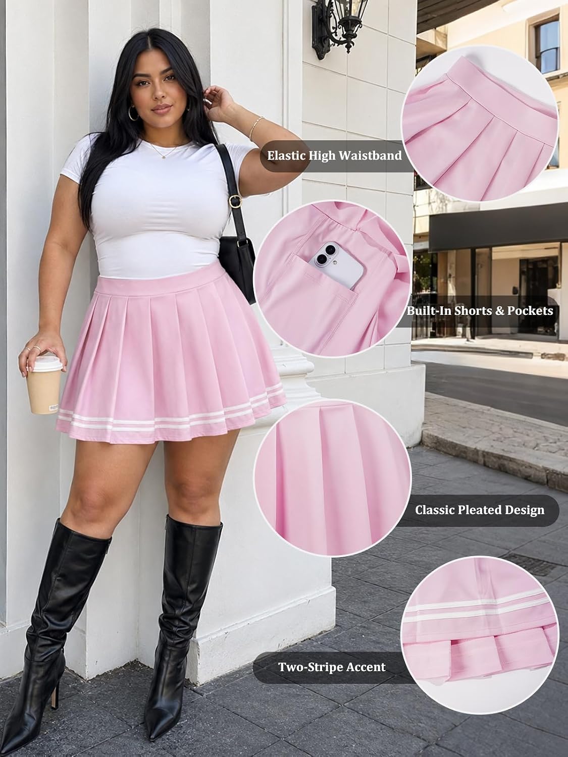 Moon Wood Women Plus Size Pleated Skirt School Cheer Mini Skirt with Shorts - Pink
