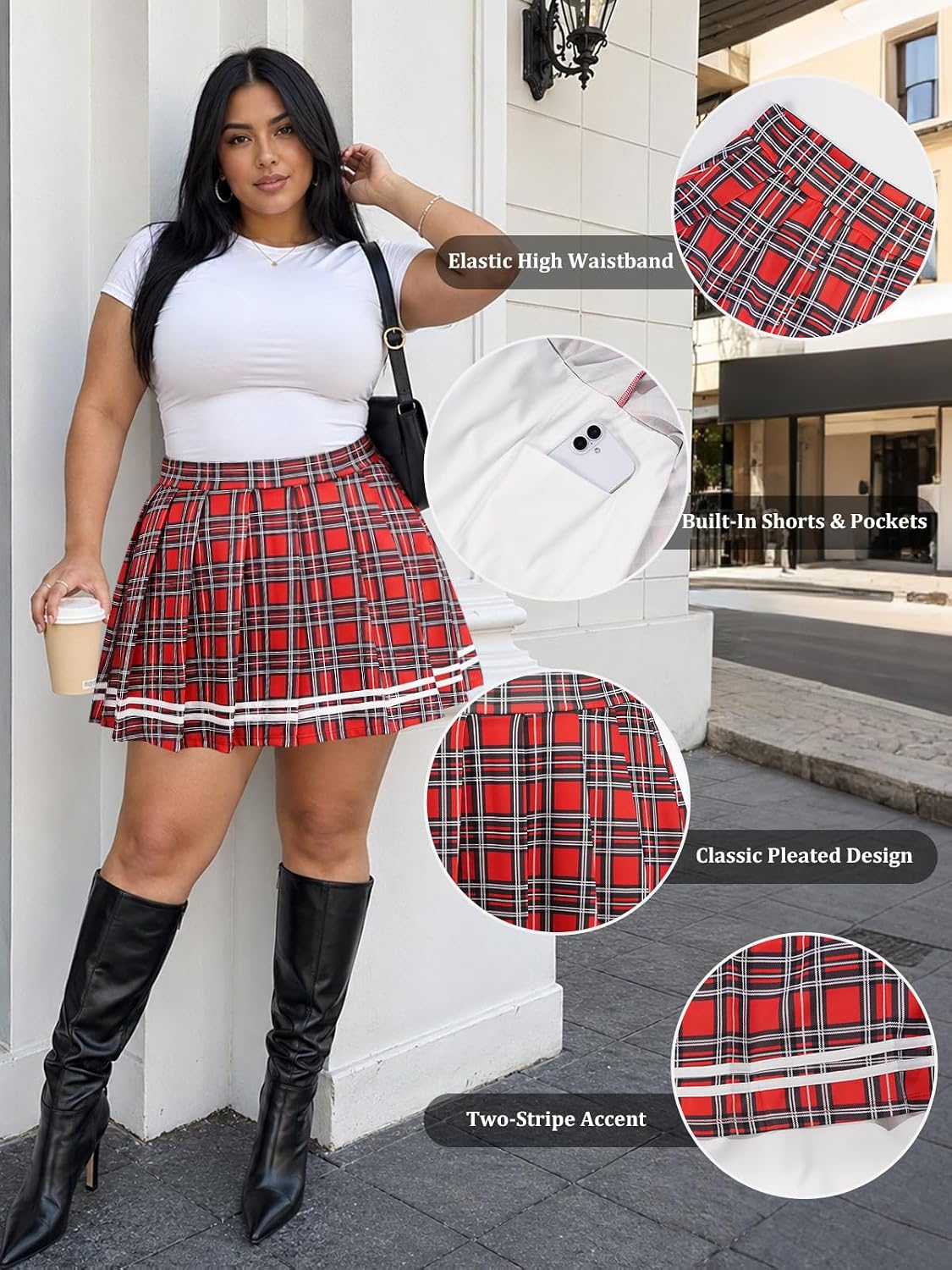 Moon Wood Women Plus Size Pleated Skirt School Cheer Mini Skirt with Shorts - Plaid01