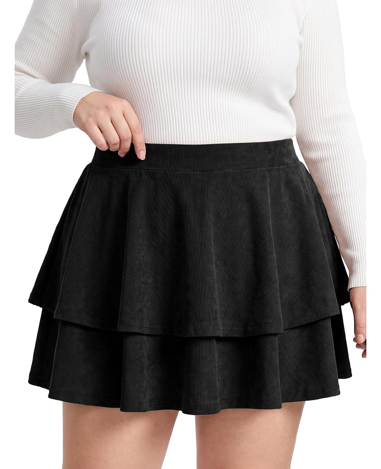 Moon Wood Women's Plus Size Corduroy Mini Skirt with Pockets Ruffle Skorts - Black