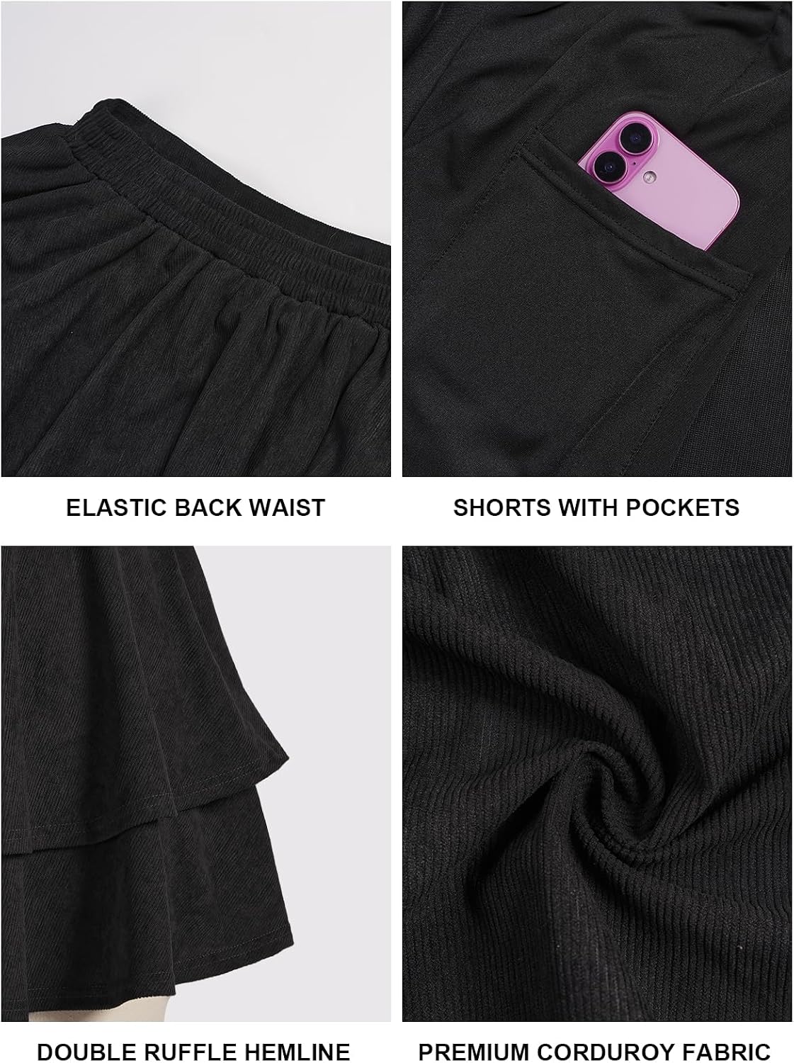 Moon Wood Women's Plus Size Corduroy Mini Skirt with Pockets Ruffle Skorts - Black