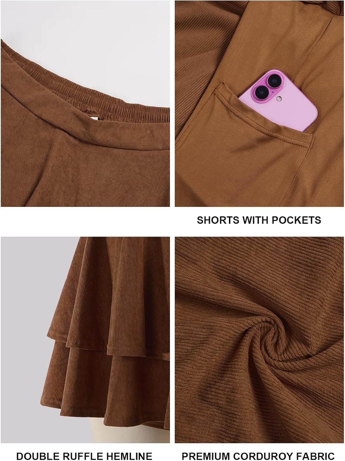 Moon Wood Women's Plus Size Corduroy Mini Skirt with Pockets Ruffle Skorts - Brown