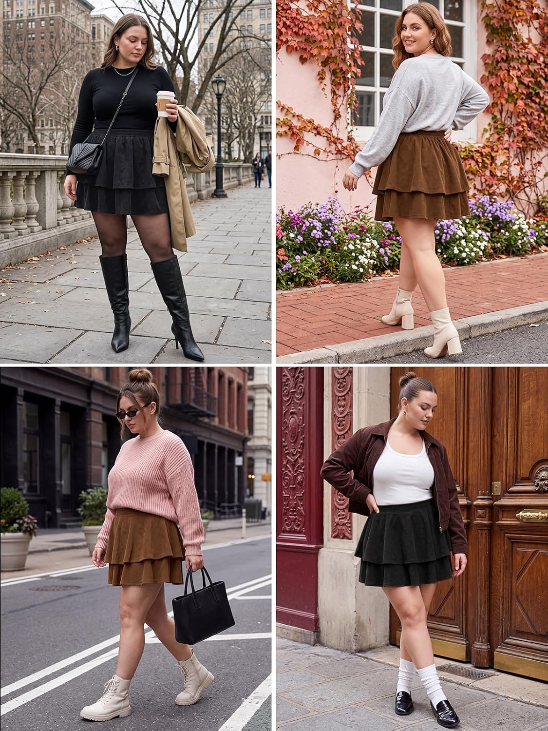 Moon Wood Women's Plus Size Corduroy Mini Skirt with Pockets Ruffle Skorts - Brown