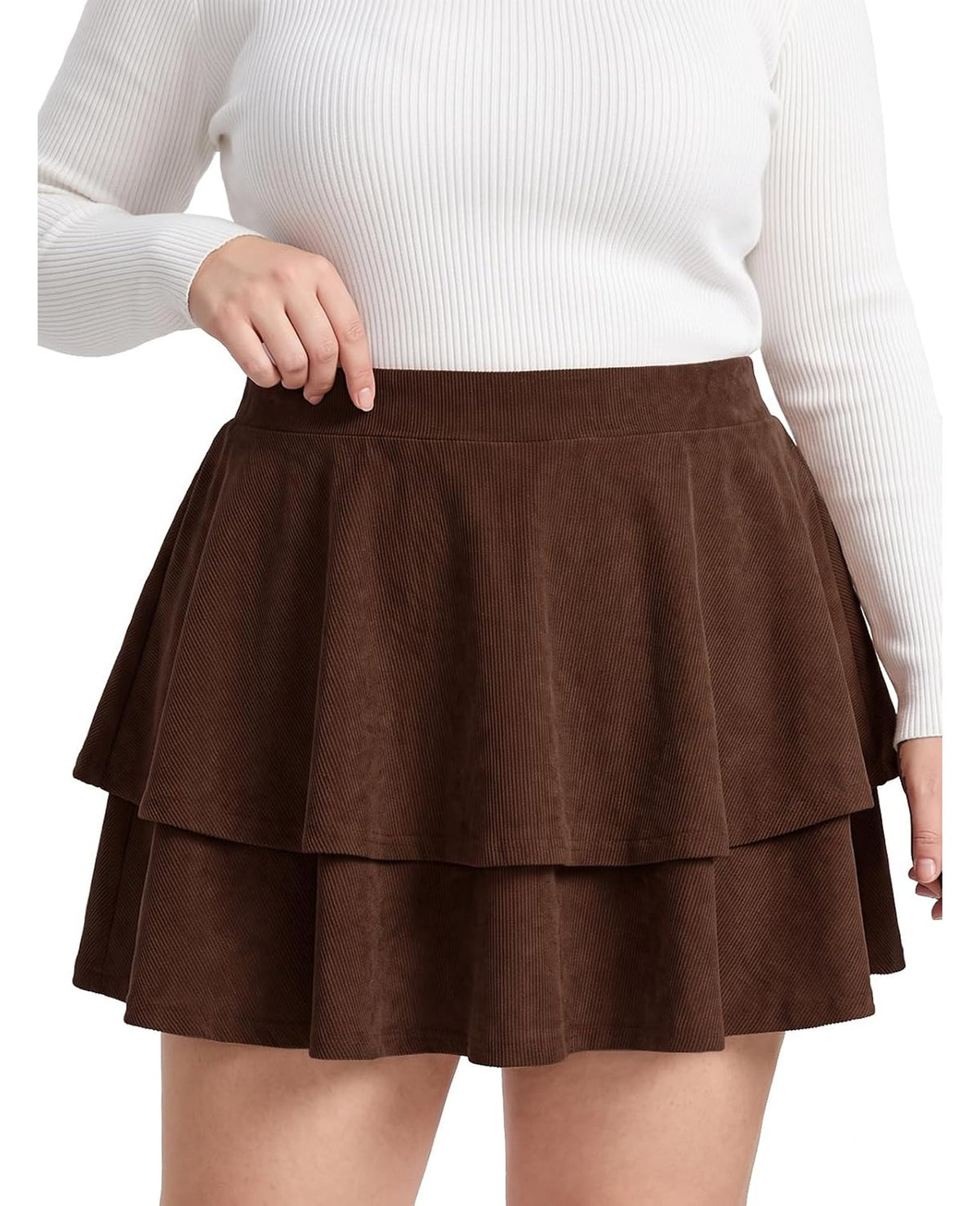 Moon Wood Women's Plus Size Corduroy Mini Skirt with Pockets Ruffle Skorts - Coffee