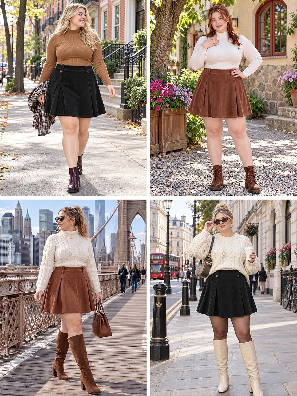 Moon Wood Women's Plus Size Corduroy Mini Skort Pleated Skirts Fall Winter - Black