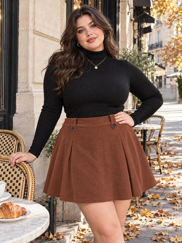 Moon Wood Women's Plus Size Corduroy Mini Skort Pleated Skirts Fall Winter - Brown