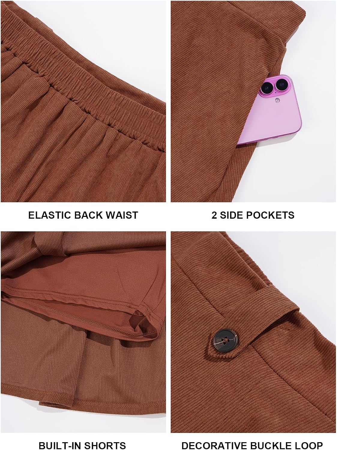 Moon Wood Women's Plus Size Corduroy Mini Skort Pleated Skirts Fall Winter - Brown