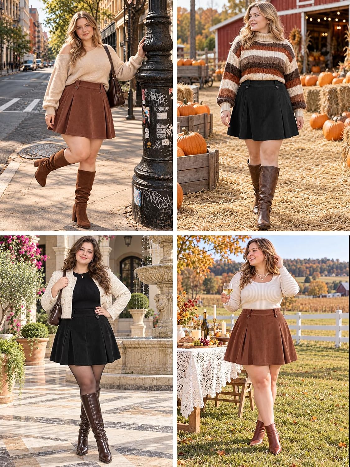 Moon Wood Women's Plus Size Corduroy Mini Skort Pleated Skirts Fall Winter - Brown