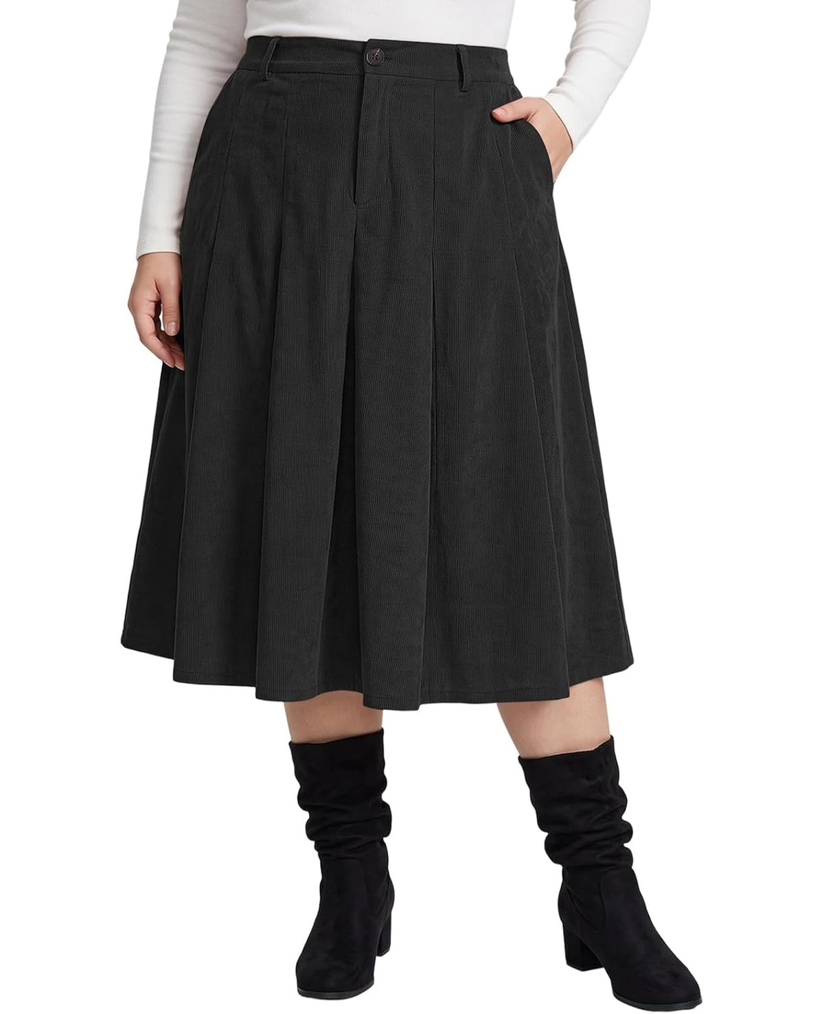 Moon Wood Women's Plus Size Corduroy Pleated A-Line Midi Skirt with Pockets - Black