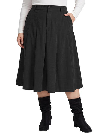 Moon Wood Women's Plus Size Corduroy Pleated A-Line Midi Skirt with Pockets - Black