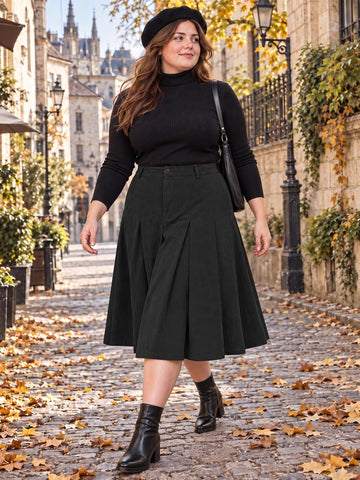 Moon Wood Women's Plus Size Corduroy Pleated A-Line Midi Skirt with Pockets - Black