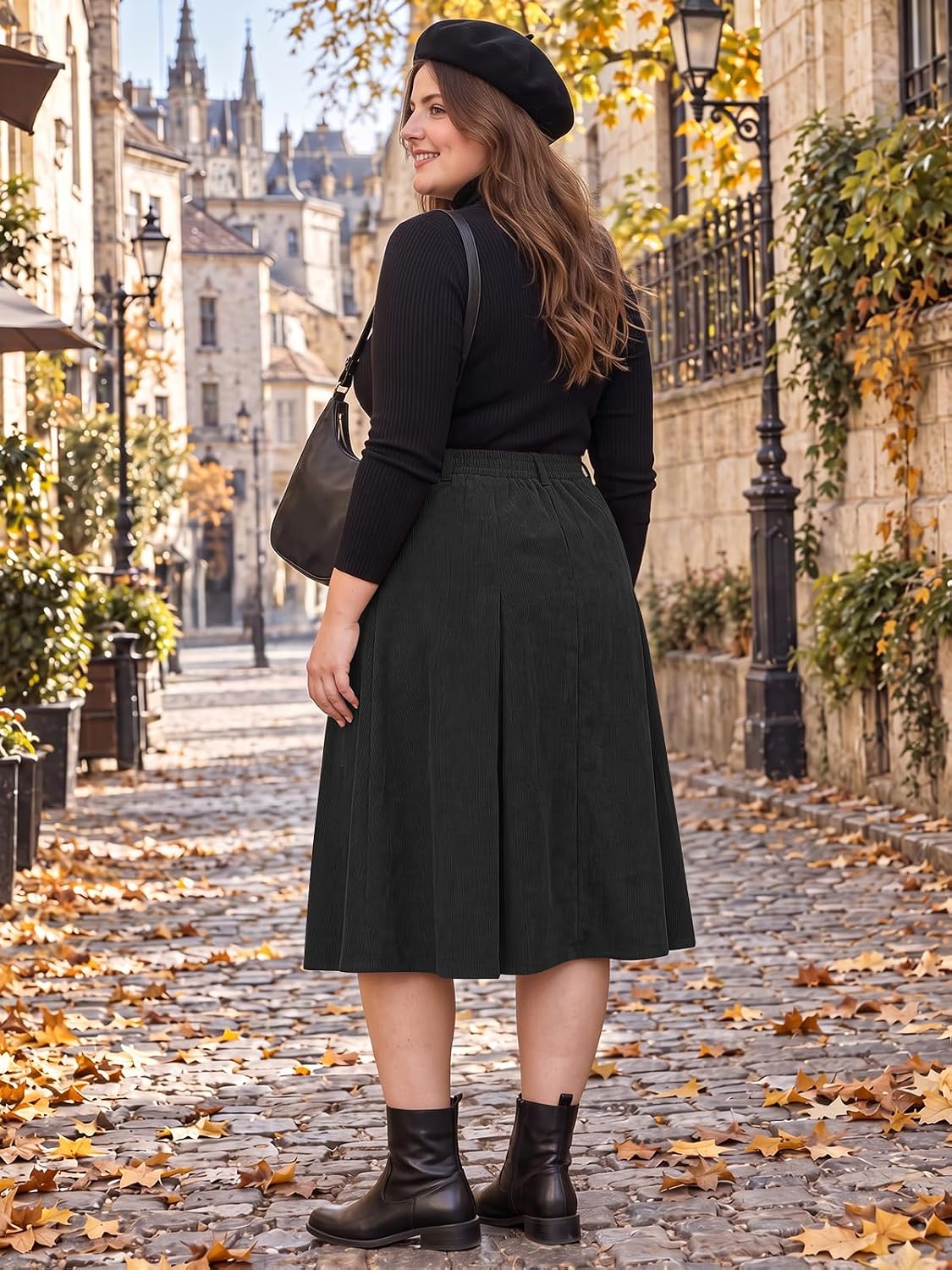 Moon Wood Women's Plus Size Corduroy Pleated A-Line Midi Skirt with Pockets - Black