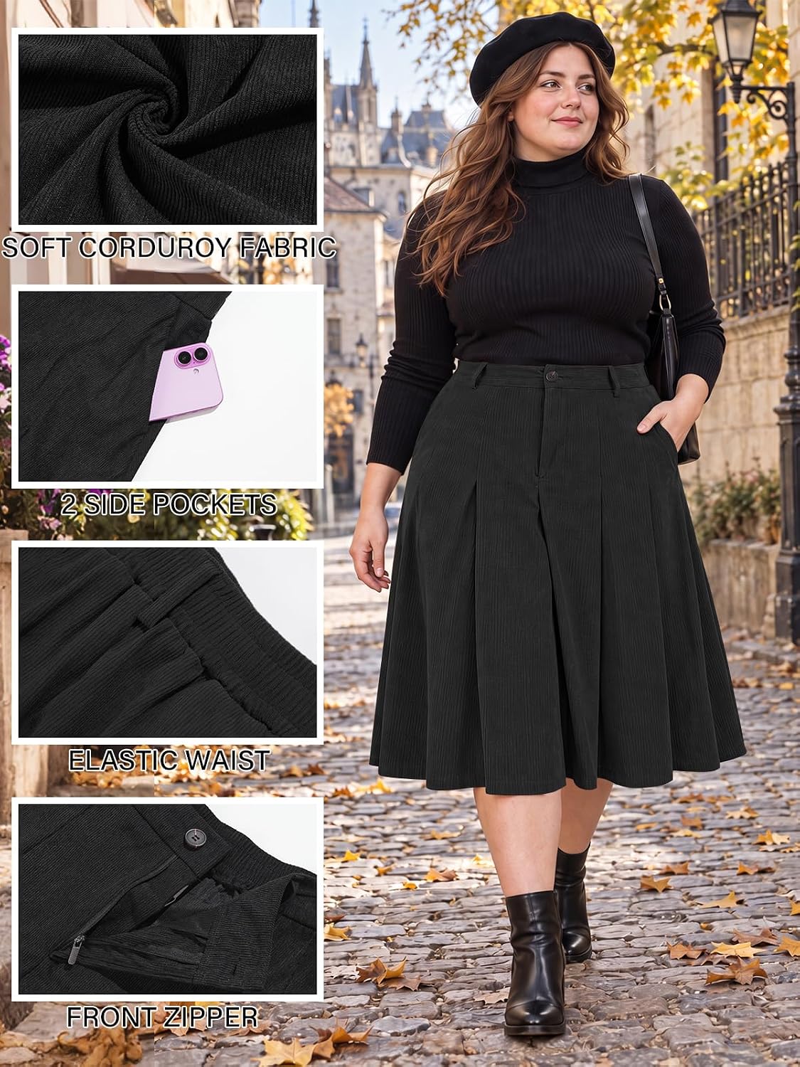 Moon Wood Women's Plus Size Corduroy Pleated A-Line Midi Skirt with Pockets - Black