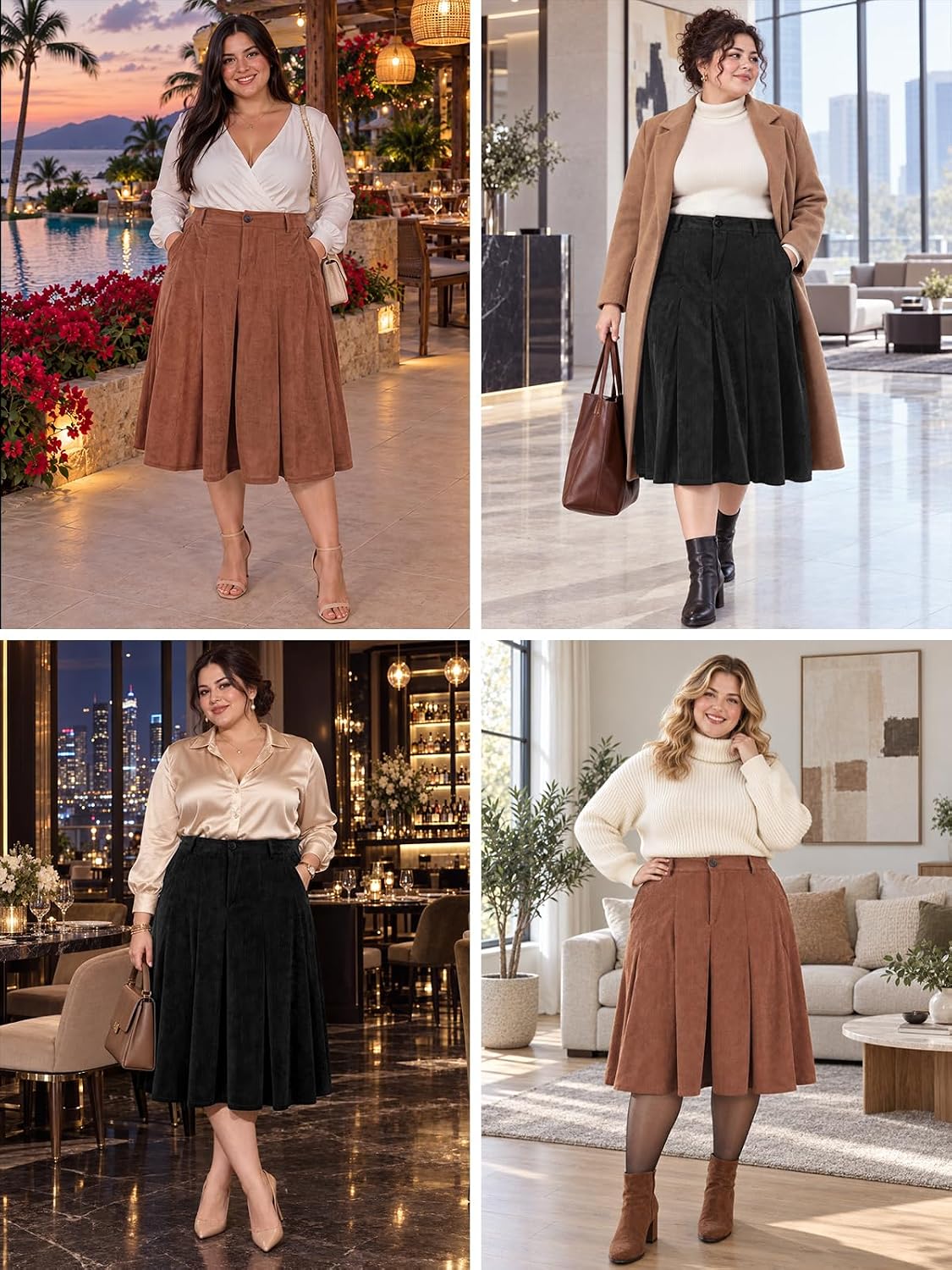 Moon Wood Women's Plus Size Corduroy Pleated A-Line Midi Skirt with Pockets - Black