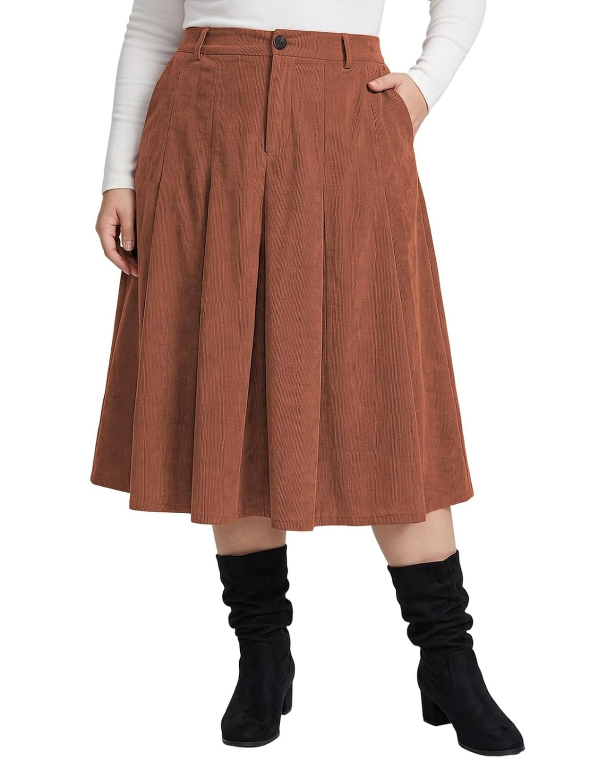 Moon Wood Women's Plus Size Corduroy Pleated A-Line Midi Skirt with Pockets - Brown