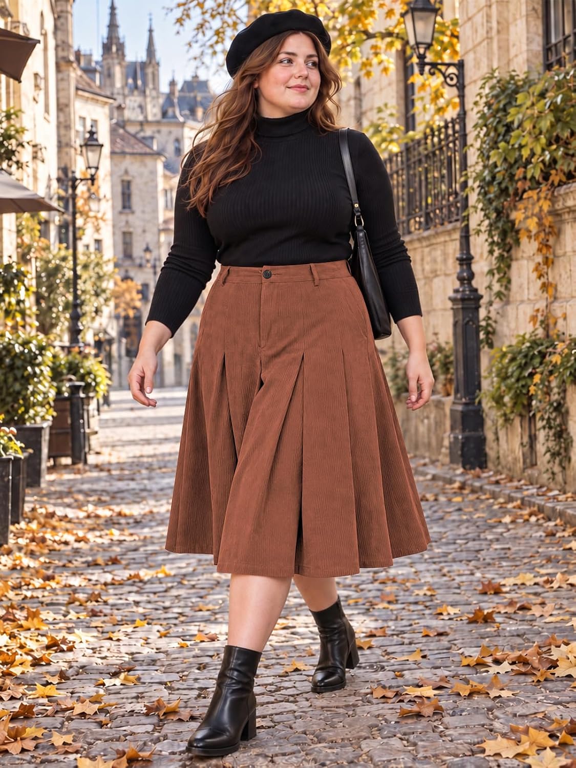 Moon Wood Plus Size Corduroy Pleated A-Line Midi Skirt - Brown