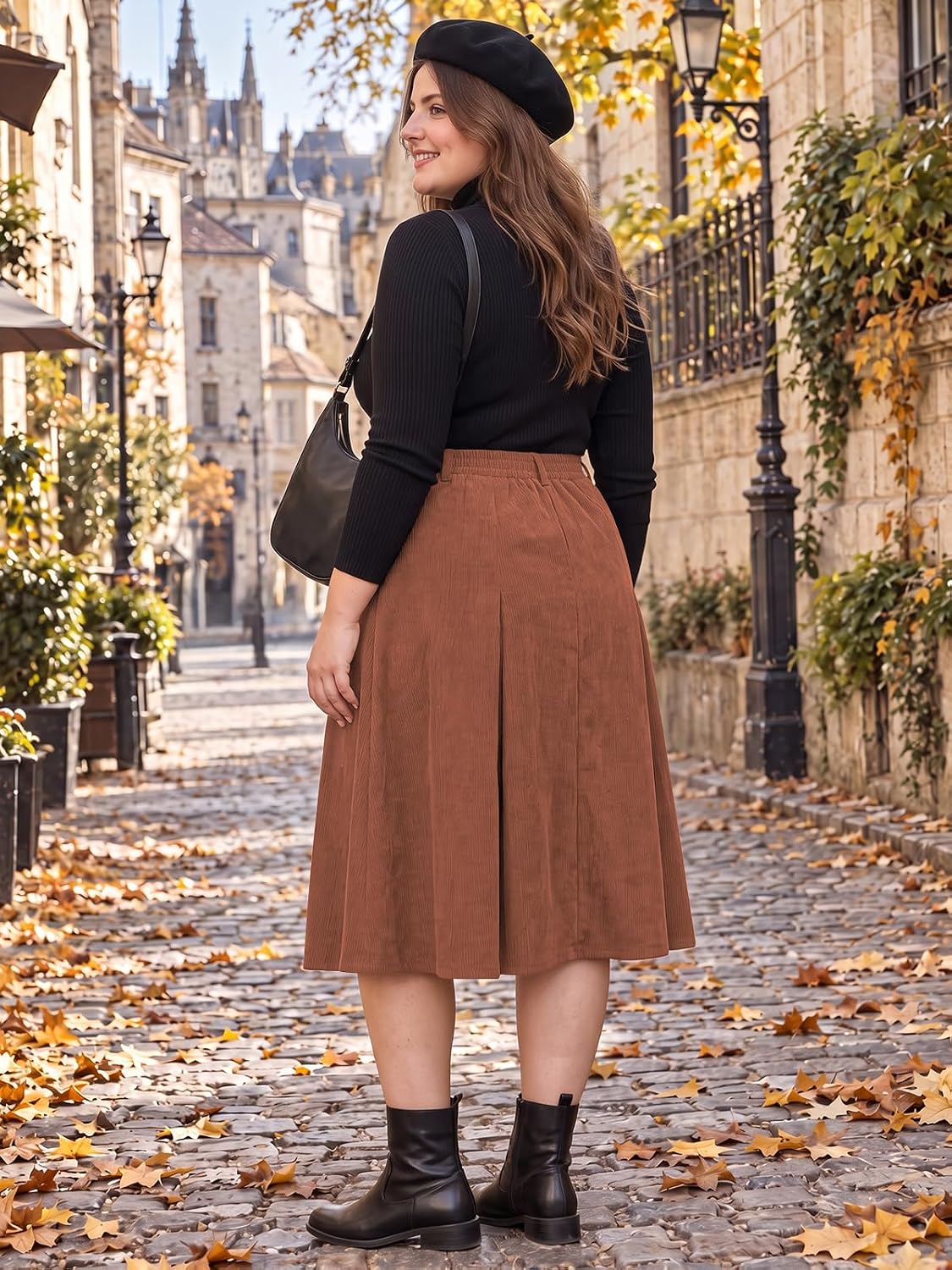 Moon Wood Women's Plus Size Corduroy Pleated A-Line Midi Skirt with Pockets - Brown