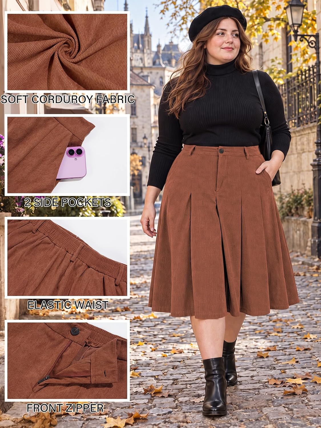 Moon Wood Women's Plus Size Corduroy Pleated A-Line Midi Skirt with Pockets - Brown