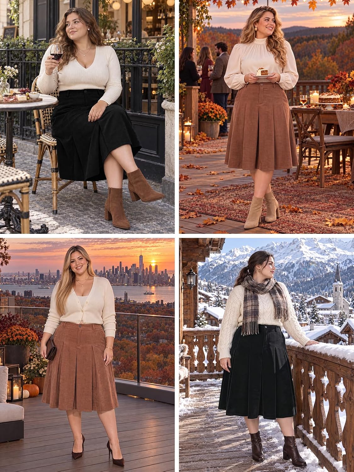 Moon Wood Plus Size Corduroy Pleated A-Line Midi Skirt - Brown