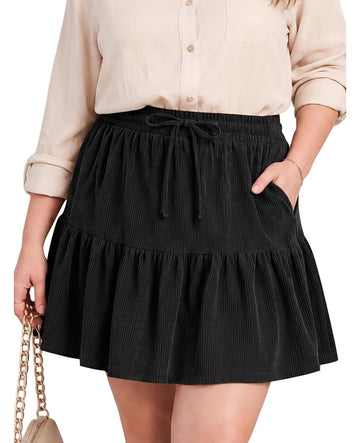 Moon Wood Women's Plus Size Corduroy Skirt Fall Mini Skirt with Shorts - Black
