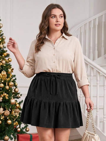 Moon Wood Women's Plus Size Corduroy Skirt Fall Mini Skirt with Shorts - Black
