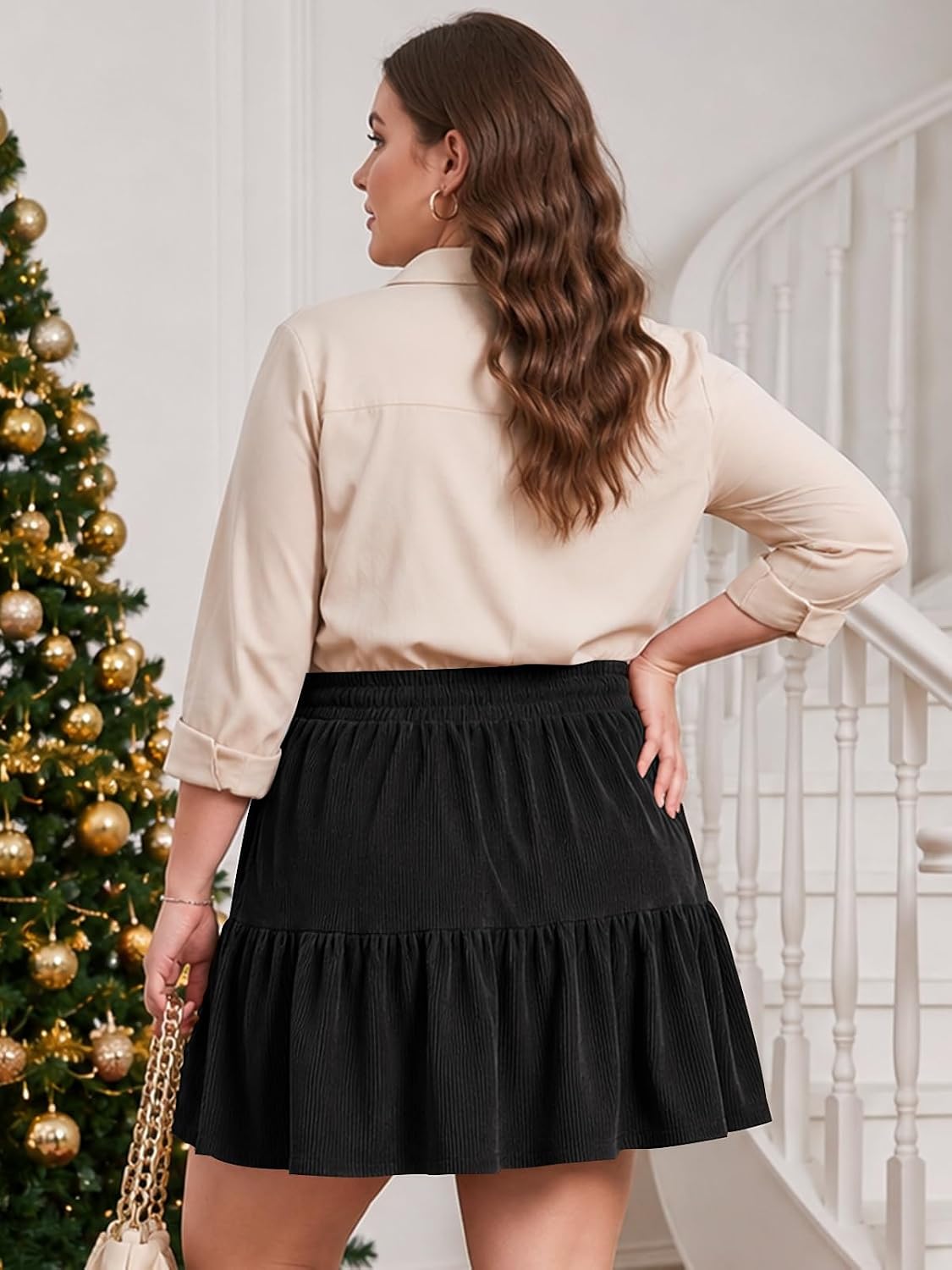 Moon Wood Women's Plus Size Corduroy Skirt Fall Mini Skirt with Shorts - Black