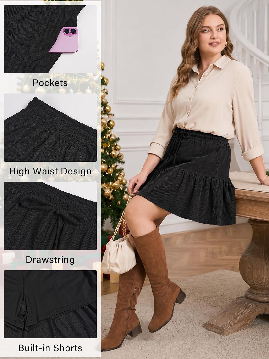 Moon Wood Women's Plus Size Corduroy Skirt Fall Mini Skirt with Shorts - Black
