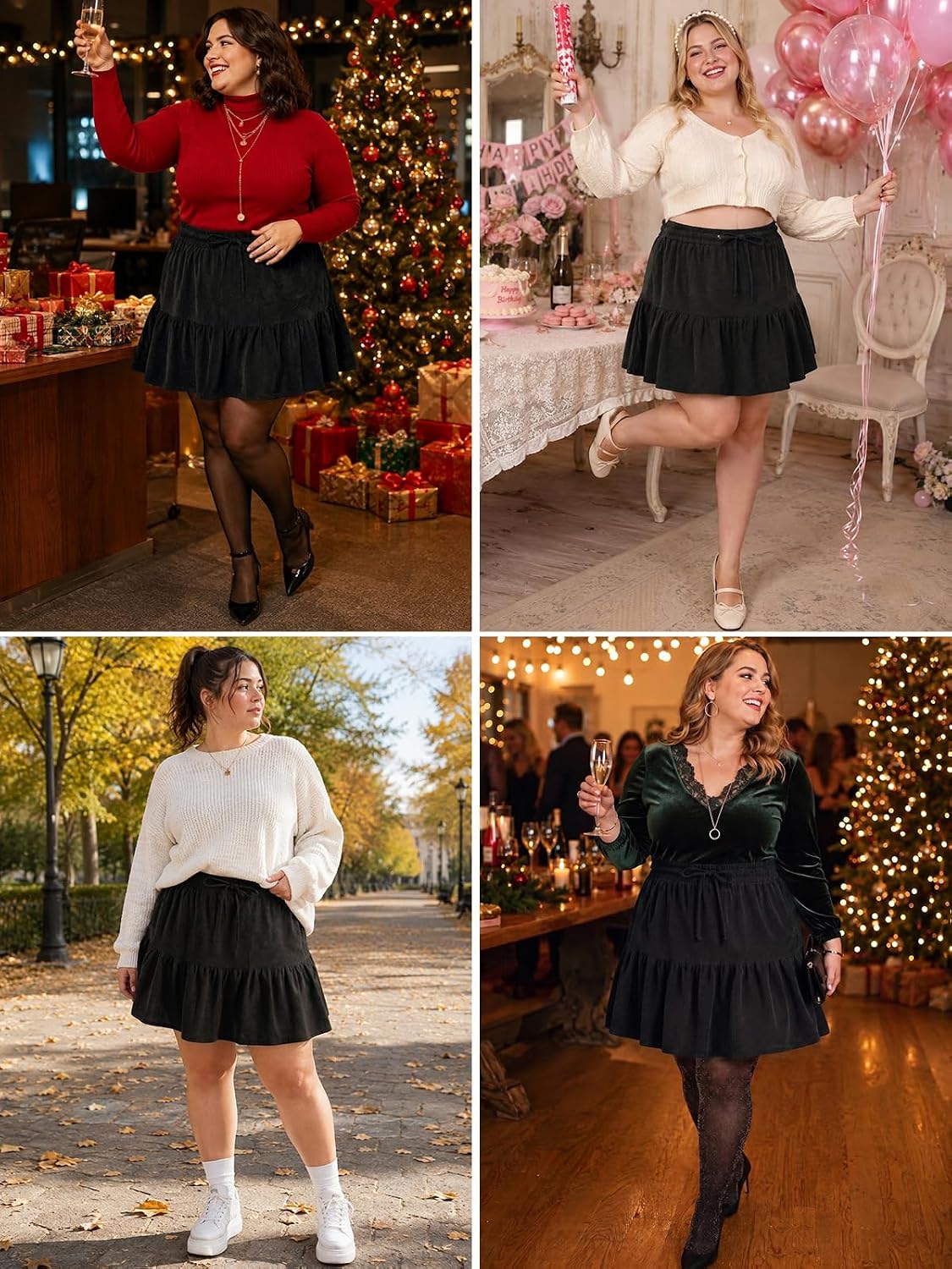 Moon Wood Women's Plus Size Corduroy Skirt Fall Mini Skirt with Shorts - Black