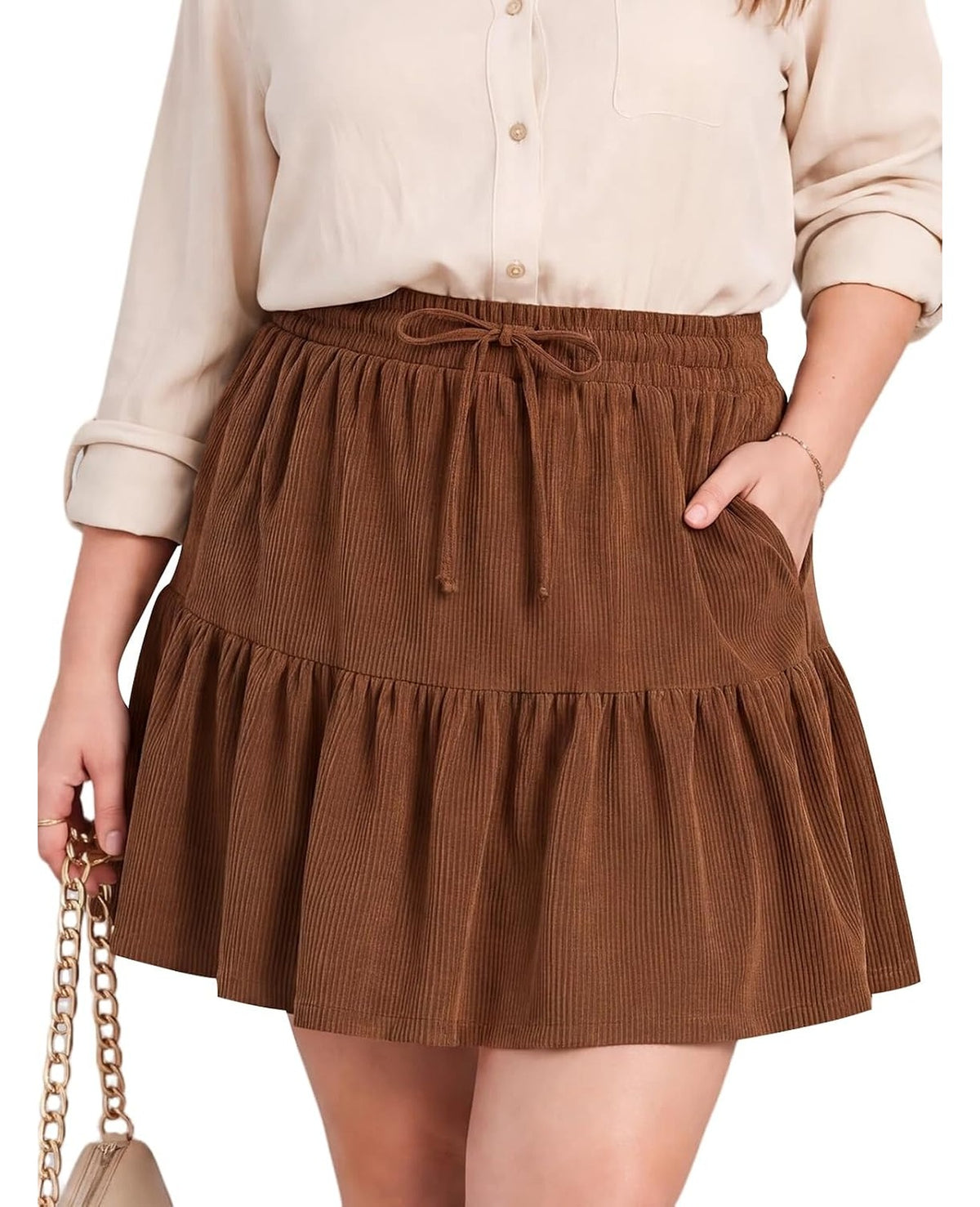 Moon Wood Women's Plus Size Corduroy Skirt Fall Mini Skirt with Shorts - Brown