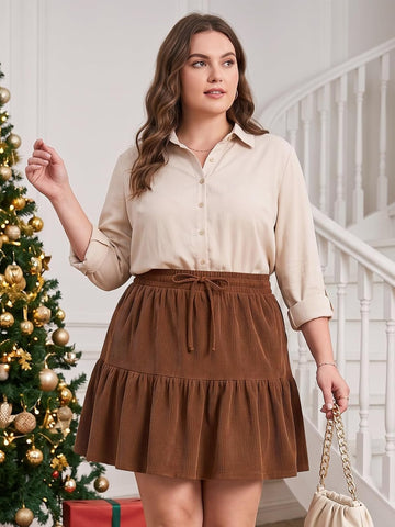 Moon Wood Women's Plus Size Corduroy Skirt Fall Mini Skirt with Shorts - Brown