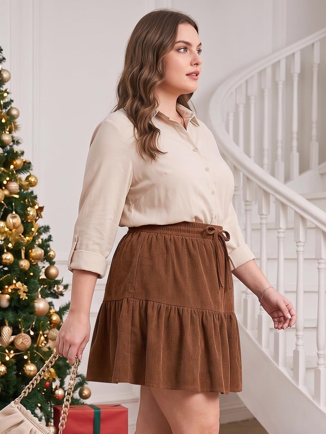 Moon Wood Women's Plus Size Corduroy Skirt Fall Mini Skirt with Shorts - Brown