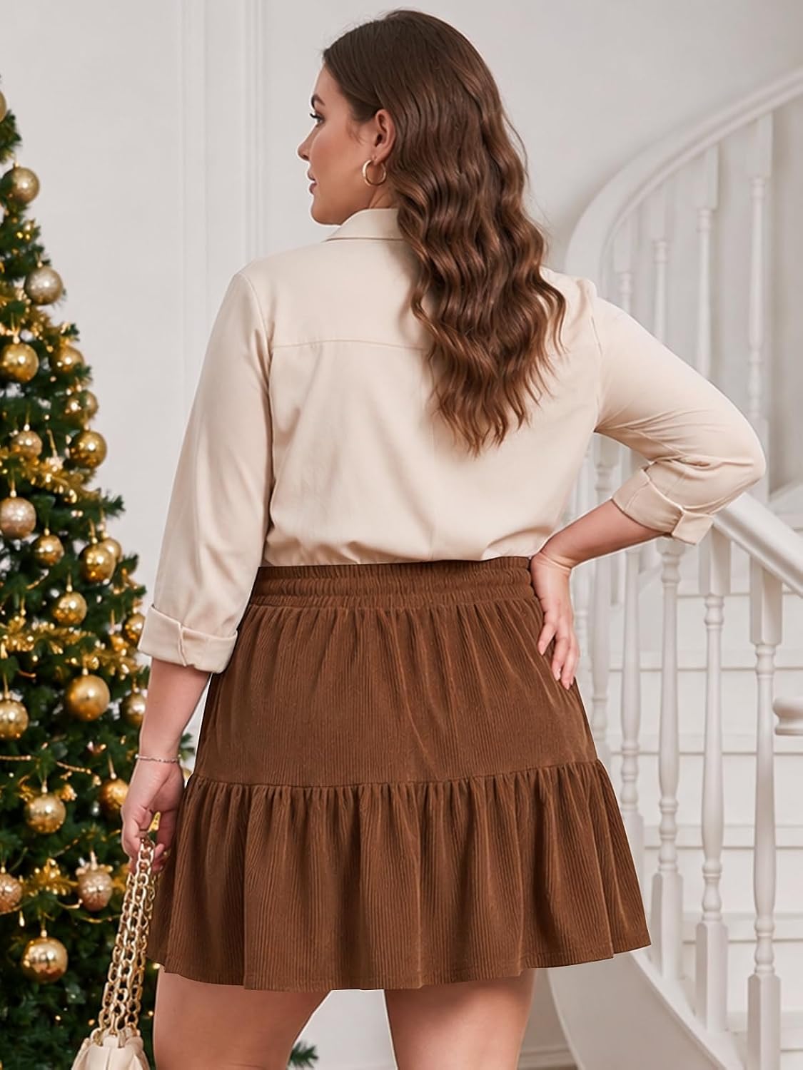 Moon Wood Women's Plus Size Corduroy Skirt Fall Mini Skirt with Shorts - Brown