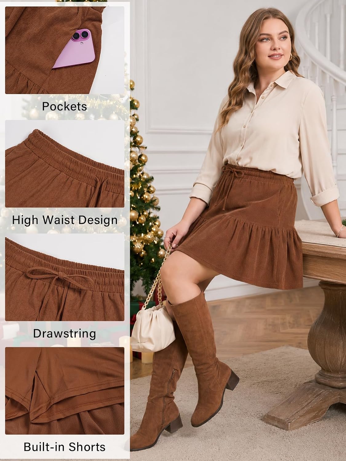 Moon Wood Women's Plus Size Corduroy Skirt Fall Mini Skirt with Shorts - Brown