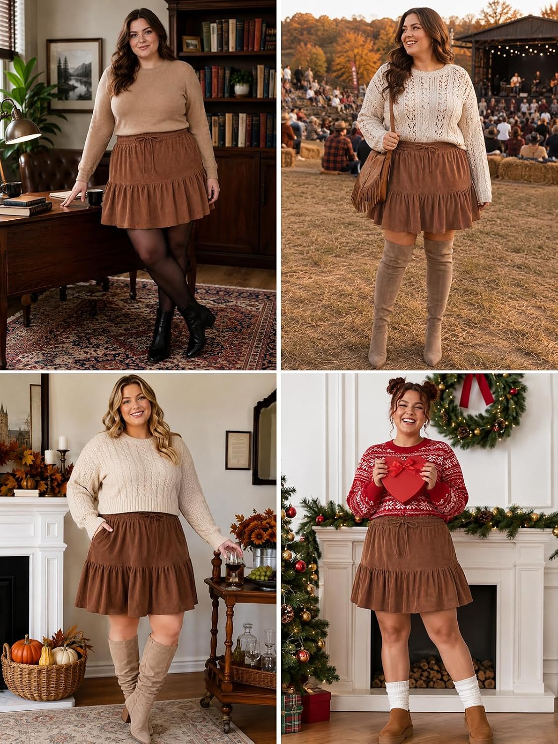 Moon Wood Women's Plus Size Corduroy Skirt Fall Mini Skirt with Shorts - Brown