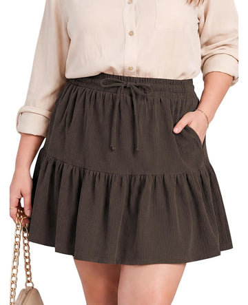 Moon Wood Women's Plus Size Corduroy Skirt Fall Mini Skirt with Shorts - Chocolate