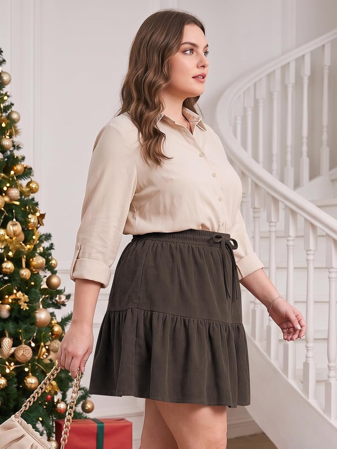 Moon Wood Women's Plus Size Corduroy Skirt Fall Mini Skirt with Shorts - Chocolate