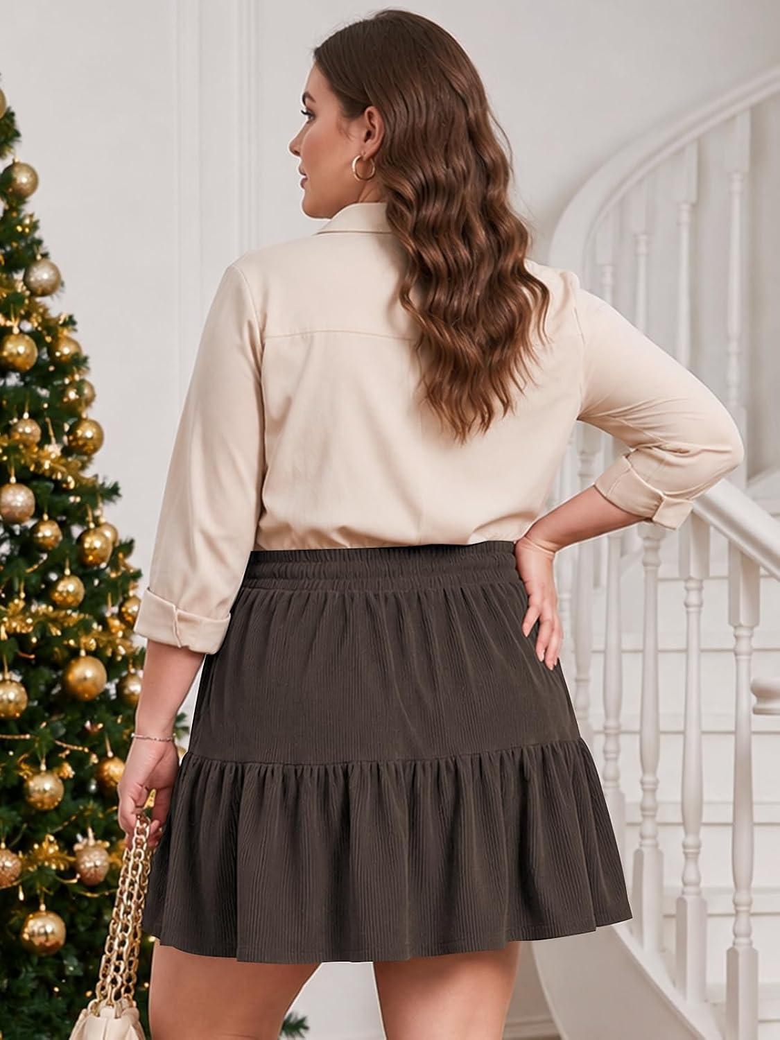 Moon Wood Women's Plus Size Corduroy Skirt Fall Mini Skirt with Shorts - Chocolate