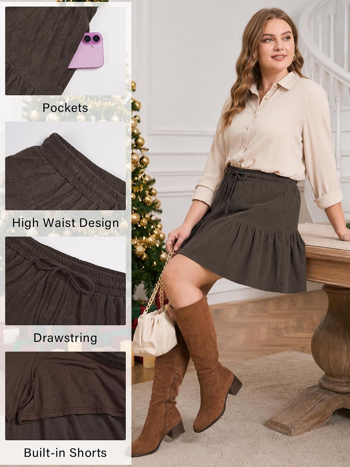 Moon Wood Women's Plus Size Corduroy Skirt Fall Mini Skirt with Shorts - Chocolate