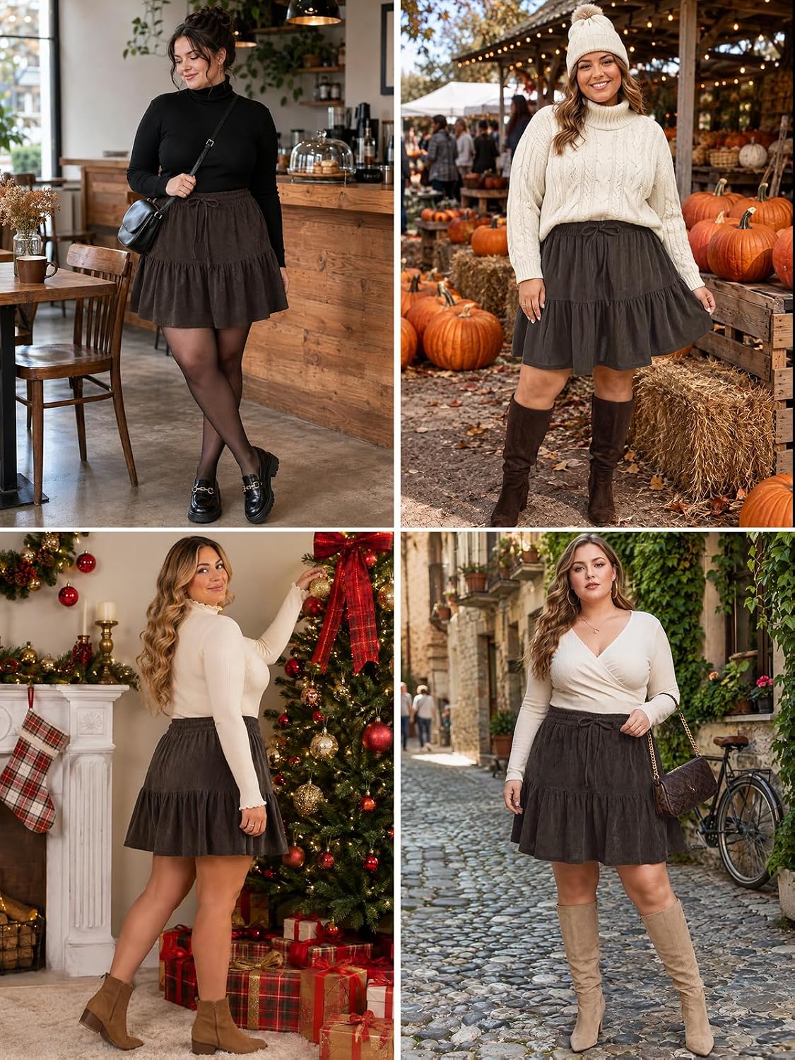 Moon Wood Women's Plus Size Corduroy Skirt Fall Mini Skirt with Shorts - Chocolate
