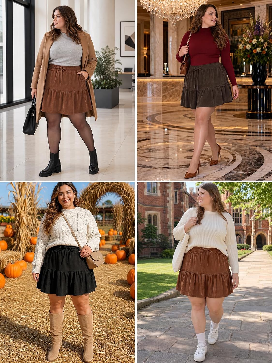 Moon Wood Women's Plus Size Corduroy Skirt Fall Mini Skirt with Shorts - Chocolate